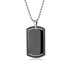 Bling Jewelry Engravable CZ Edge Black Dog Tag Pendant Necklace for Men Polished Stainless Steel with Bead Ball Chain 24 in