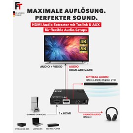 FeinTech AX210 HDMI 2.1 Audio Extractor 4K 120Hz 8K VRR ALLM, HDMI to Audio (Optical Toslink 5.1 + AUX Stereo), CEC Pass and ARC Support from TV to Sound System