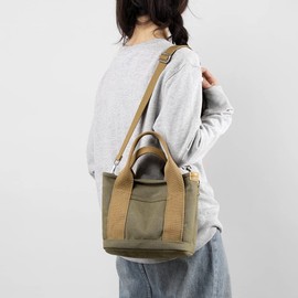 Manukori Women's Small Canvas Tote Bag with Compartments, Handbag, Shoulder Bag, Stylish, Cute, Lightweight, for Travel and Commuting, Stands Upright, Khaki, M