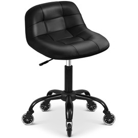 FreekyFit Rolling Stool with Wheels, Garage Shop Stool with Backrest, Roller Seat with Pneumatic Adjustable Height 16.93"-19.69", Heavy Duty Multi-Purpose Chair for Shop Salon Office Home, Black