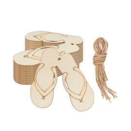 Creaides 12pcs Slipper Wood DIY Crafts Cutouts Wooden Flip Flop Shaped Hanging Ornaments with Hole Hemp Ropes Wood Tags for Hawaii Summer Holiday Beach Party Decoration