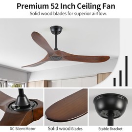 52 Inch Ceiling Fans Without Lights, Solid Wood Ceiling Fan with Remote Control and DC Silent Motor for Patio, Living Room, Bedroom, Dark Walnut (Includes 3 Downrods)