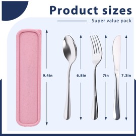 HANSGO 3PCS Portable Utensils Set with Case, Travel Cutlery Set Stainless Steel Utensils Reusable Silverware for Lunch Camping School Picnic Office Dishwasher Safe Pink
