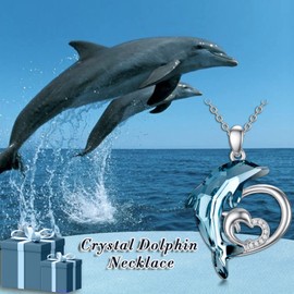 POPKIMI Dolphin Gifts for Women Dolphin Necklace Mother & One Son or Daughter 925 Sterling Silver Dolphins with Blue Dolphin Crystal Jewelry Beach Themes Dolphin Jewelry