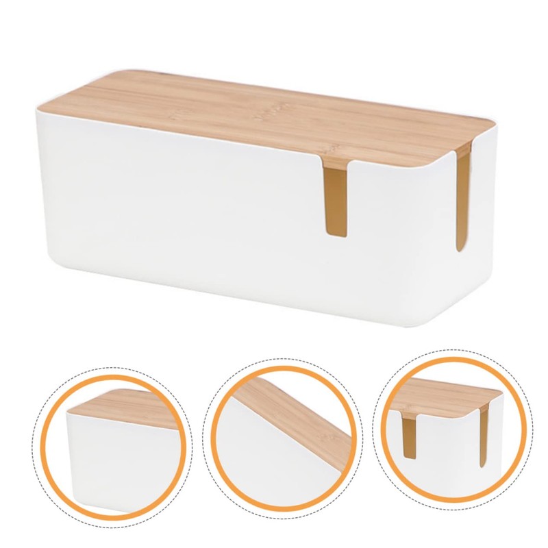 KICHOUSE Cable Storage Box Bamboo Lid Power Line Manager for