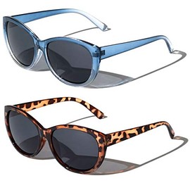V.W.E. 2 Pairs Women Outdoor Reading Sunglasses Oversized Full Lens Readers Leopard (1 Blue 1 Brown, 1.50)