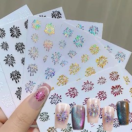 6 Sheets Fireworks Nail Art Sticker Glitter 3D Nail Decals Self-Adhesive Nail Art Supplies Holographic Colorful Sparkling Laser Fireworks Nail Design for Women French Manicure Decorations Accessories