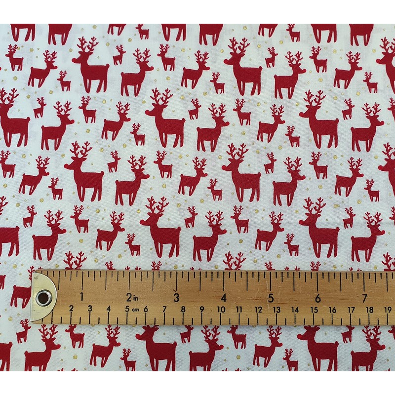 Christmas Fabric - Red Reindeers Stags on Off White -