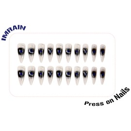 IMRAIN Long Press on Nails Black Ombre Stiletto Fake Nails Full Cover Clear Glue on Nails Glossy Acrylic False Nails with Silver Heart Designs Goth Artificial DIY Nail Art 24Pcs Stick on Nails