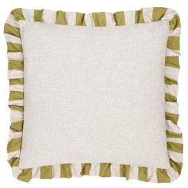 furn. Linen Stripe Ruffle Cushion Cover - Linen/Olive - 50x50cm