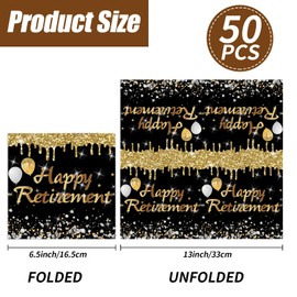 50PCS Retirement Party Napkins, Happy Retirement Decorations Cocktail Napkins Black and Gold Teacher Retirement Party Supplies