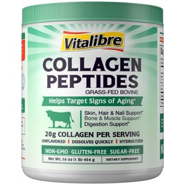 Vitalibre Bovine Collagen Peptides Powder for Women and Men, Grass-Fed Hydrolyzed Collagen Protein Type I & III, Skin, Hair, Nails, Bones, Digestion, Unflavored, Non-GMO, Keto & GF, 22 Servings, 16oz