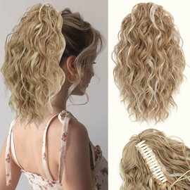 VEGALILY 12 inch Hair Extensions Clip in Blonde Ponytail Extension Short Curly Claw Clip Ponytail Hair Extensions Synthetic Drawstring Ponytail Hair Pieces for Women for Daily Use