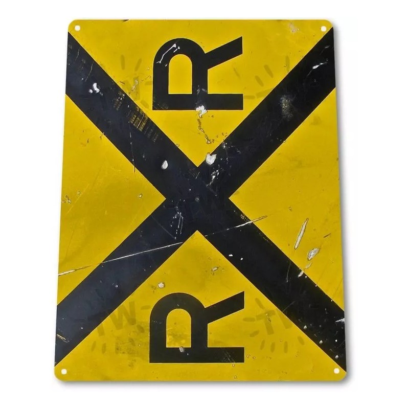 Railroad Crossing Yellow Warning Sign RR Weathered Retro Decor Metal