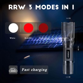 METII Red Flashlight Rechargeable, High/Low Red Light & White Light 3 Modes, for Astronomy, Aviation, Night Observation