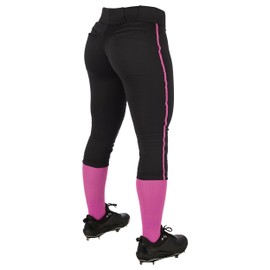 CHAMPRO Girls Low-rise Youth Softball With Tournament Traditional Low Rise Pant W/Braid, Black, Pink Pipe, Small US