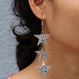 TseenYi Boho Star Earrings with Long Tassels, Silver Star Dangle Earrings, Long Star Fringe Earrings, Vintage Star Earrings with Metal Texture, Jewelry for Women and Girls, Zinc