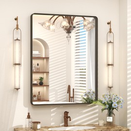 VANLIO 24x32 Inch Bronze Framed Bathroom Mirror, Brushed Bronze Metal Vanity Mirror, Bronze Rectangle Wall Mirror, Rounded Corner, Tempered Glass, Anti-Rust, Shatterproof (Horizontal/Vertical)