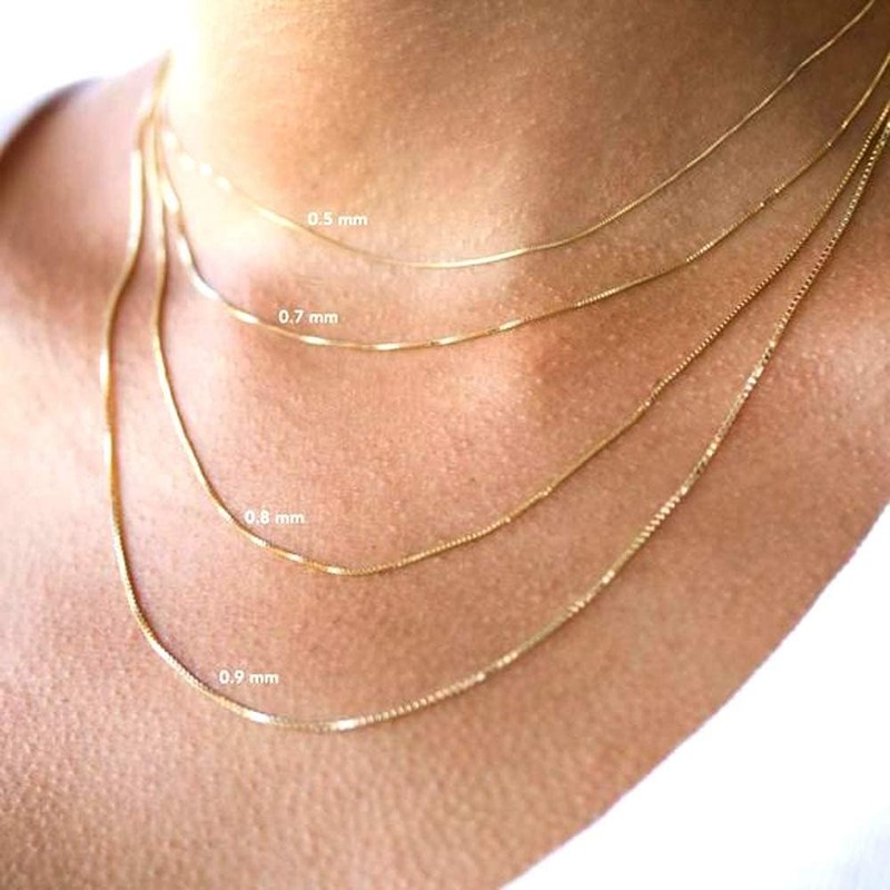 14k Real Solid Gold Box Style Chain Necklace, 0.45mm