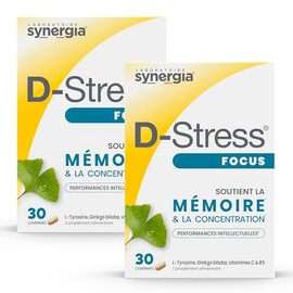 D-STRESS FOCUS 2er-Pack | L-Tyrosin, Ginkgo biloba und Vitamin C | Stimuliert das Gedächtnis und die Konzentration | Vegan, Glutenfrei, Sojafrei, GVO-frei | Laboratoire SYNERGIA
