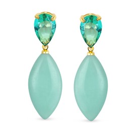 Unique Geometric Linear Black Pink Green Turquoise Rhombus Teardrop Rectangle Multi Shape CZ & Natural 3 Multi-tier Gemstone Party Dangling Statement Earrings in 14K Yellow Gold Plated, Brass,