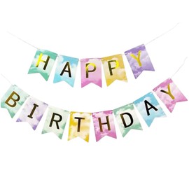 Happy Birthday Banner Bunting Garland Unicorn Cloud Princess Rainbow Gradient Pastel Colours with Gold Letters, Party Decoration Girls Boys