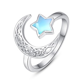 KINGWHYTE Moonstone Ring 925 Sterling Silver Celtic Rings for Women Moon Star Adjustable Ring Jewellery Birthday Gifts for Women Girls Ladies Mom Sister