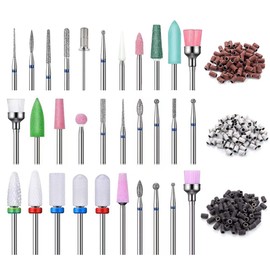MUEYAN 31 pcs Nail Drill Bits Set with 210 Pieces Sanding Bands, 3 Colors Brown White Black Grits Efile Sanding Pieces, 3/32 Inch Drill Bits for Nails,Tungsten Carbide Nail File Bits,Nail Grinding Heads,Ceramic Nail Drill Bits for Manicure,Pedicure