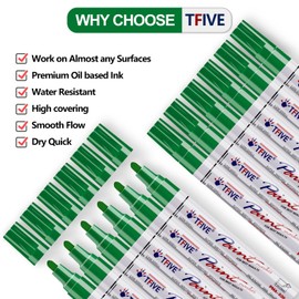TFIVE Green Paint Pens Markers - 12 Pack Oil Based Permanent Marker, Medium Tip, Never Fade, Quick Dry, Waterproof Paint Pen for Rocks Painting, Wood, Fabric, Plastic, Canvas, Glass, Metal