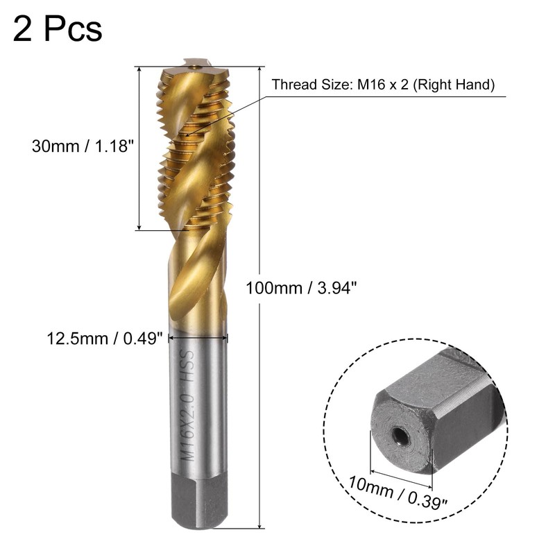 sourcing map 2pcs Spiral Flute Thread Taps, Metric M16 x
