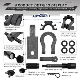 AUTMATCH Shackle Hitch Receiver 2" with 3/4" Mega D Ring Shackle and 5/8" Trailer Hitch Lock Pin, 68,000 Lbs Break Strength Heavy Duty Receiver Towing Kit for Off-Road Vehicle Recovery, Grainstone
