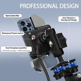 Cliff Top Motorcycle Phone Mount and Holder with 15W Wireless Charger and 18W USB-C Charger – Anti-Vibration Phone Holder for Motorcycle Handlebars and Rear Mirror (for 10mm Rear View Mirror)