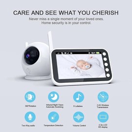 Baby Monitor with Camera and Audio, 4.3” Display Video Baby Monitor with Camera and Audio Remote Wide View Two Way Audio Talk Infrared 8 Lullabies AU Plug