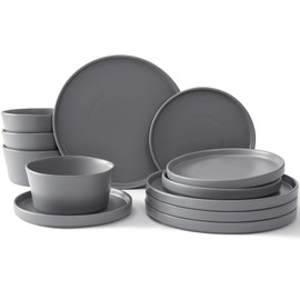 UMINEUX Ceramic Dinnerware Set for 4, 12-Piece Plates and Bowls Set for Kitchen and Dining, Modern Dishes Set, Dishwasher & Microwave Safe, Gray