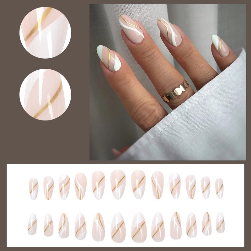 JUSTOTRY 24 Pcs Gold Wavy Almond Short Press on Nails
