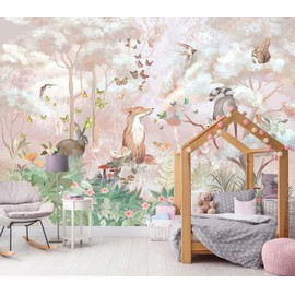 Kids Safari Wallpaper Butterfly Fox Forest Animal Wallpaper Mural with Pink Background for Girl's Room Decoration(Not Self-Adhesive)