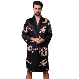 Haseil Men's Satin Robe Dragon Luxurious Silk Spa Long Sleeve House Kimono Bathrobe, Black1, TagsizeL=UssizeS