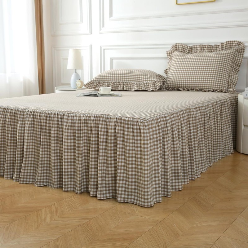 Silnuo Taupe/White Plaid Bed Skirt Washed Cotton Shabby Gingham Checkered