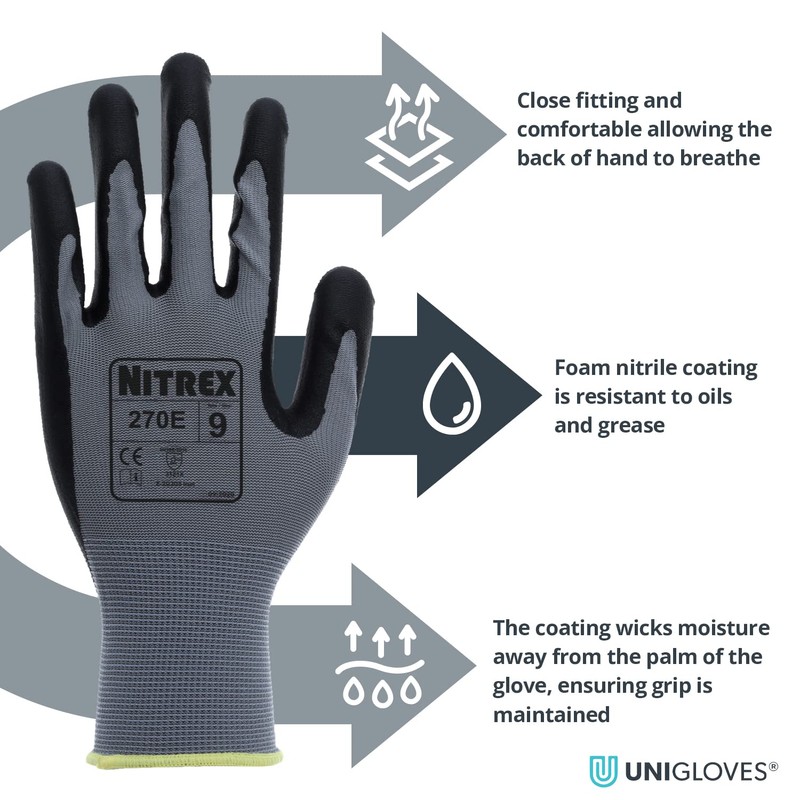 NITREX 270E Work and Safety Gloves, Bag of 10 Pairs