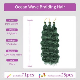 Ocean Wave Crochet Hair 18 Inch 3 Packs Deep Wave Braiding Hair Curl Crochet Synthetic Braids Hair Extension for Women (Green #, 18 Inch 3 Packs)