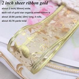 CABODYALS 2 Inch Gold Star Wired Ribbon Wide Christmas Transparent Sheer Ribbon Music Note Glitter Metallic Organza Fabric Ribbons with Spool for Sewing Making Craft Xmas Brithday Gift Wrapping Supply