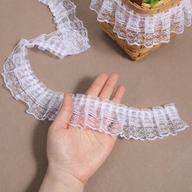 White Lace Ribbon, 2-Layer Pleated Edge White Lace Ruffle Trim for Crafts Sewing DIY, 1.8" x 11yd