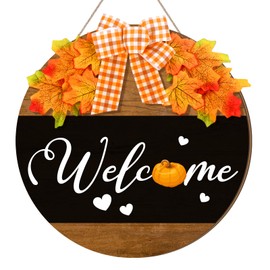 Moucuny Fall Sign for Front Door Autumn Wooden Hanging Sign Hello Fall Wood Welcome Sign with Bow Fall Decorations for Home Farmhouse Welcome Fall Sign for Thanksgiving Home Front Porch Decor