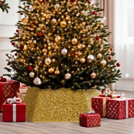 Christmas Tree Collar 31.5 Inches Glitter Sequin Tree Collar, Foldable Hexagon Xmas Tree Skirt Collar Ring for Christmas Decorations Indoor Home Party Ornament, Gold