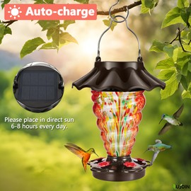 LUJOIN Solar Hummingbird Feeder for Outdoors Hanging, Lighted Hand Blown Glass with 9 Modes RGB Lights, 28 fl.oz, Leak Proof & Rustproof, Metal Cover with 5 Feeding Ports, Spiral Shaped, Red