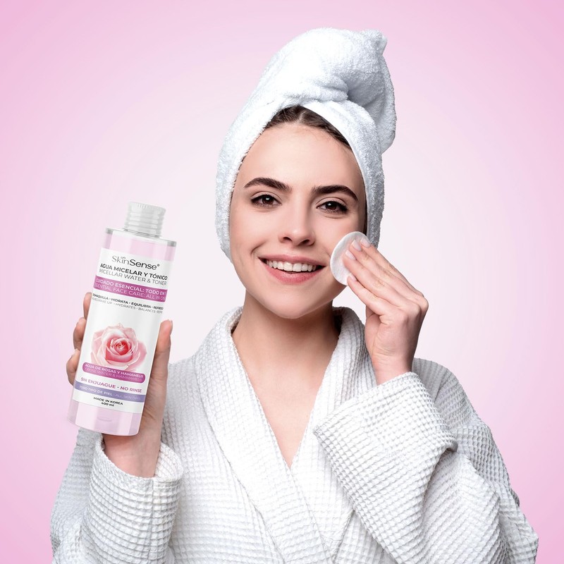 Skin Sense Agua Micelar Desmaquillante Agua de Rosas, 400 ml.