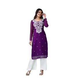 Estationeryhouse Women's Georgette Lucknowi chikankari kurti, Rose Design with Heavy Embroidery, Without Bottoms (UK, Alpha, S, Regular, Regular, Purple)