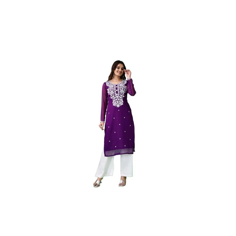Estationeryhouse Women's Georgette Lucknowi chikankari kurti, Rose Design with Heavy