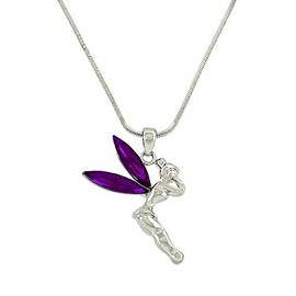 Liavy's Tinker Bell Fairy Charm Pendant Fashionable Necklace - Sparkling Crystal - 17" Snake Style Chain - Dark Purple