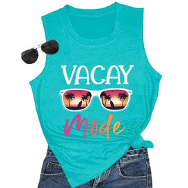 Sunglasses Tank Tops Women Novelty Vacay Mode Letter Print Hawaiian Beach Sleeveless Shirts Summer Casual Graphic Tank Tops Girl Vacation Outfits Tees(Mint Green-L)